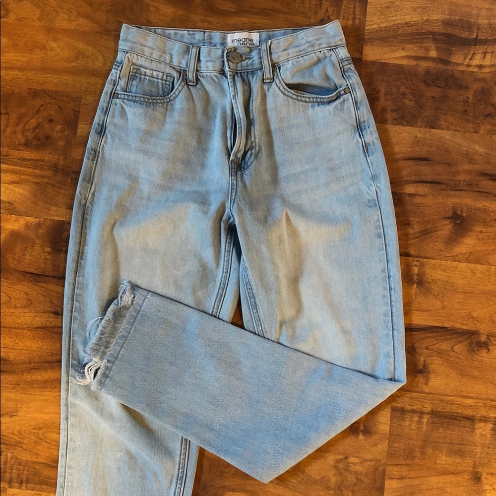 Insane Gene Light Wash Straight Leg Jeans - Light Blue with raw hem. Size 1/24